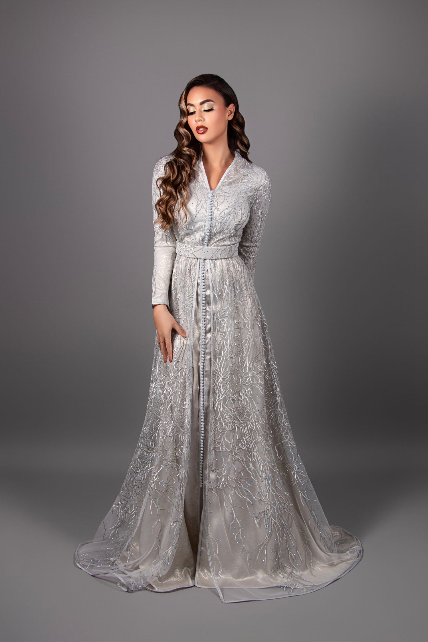 Fitted bust wedding kaftan with silver grey lace stand-up collar